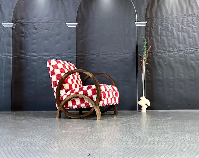 Elegant Cream and Red Patterned Armchair with Wooden Frame | Stylish Furniture, Modern Accent Piece, Boho Decor, Unique Design