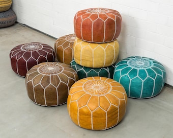 Moroccan POUF 50% OFF with White Stitching Leather Pouf Ottoman - Moroccan Leather Pouffe - Home Gifts - Wedding Gifts