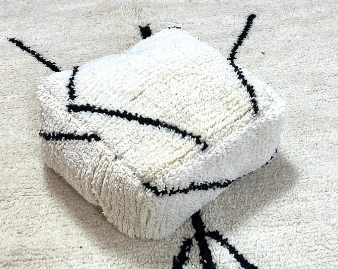 Moroccan Cotton Pouf, Handmade Ottoman with Geometric Patterns, White, Eco-Friendly Home Decor