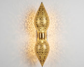 Gouden messing Marokkaanse wandlamp | Dubbele druppelvormige arabeske applicatie | Minimalistische boho-chic verlichting | Op maat gemaakte, handgemaakte wandlamp