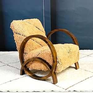 Moroccan Rug Armchair, Handcrafted Mid Century Walnut Wood Armchair, Modern Relax Vintage Style, Moroccan Artisanal Furniture