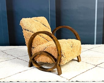 Moroccan Rug Armchair, Handcrafted Mid Century Walnut Wood Armchair, Modern Relax Vintage Style, Moroccan Artisanal Furniture