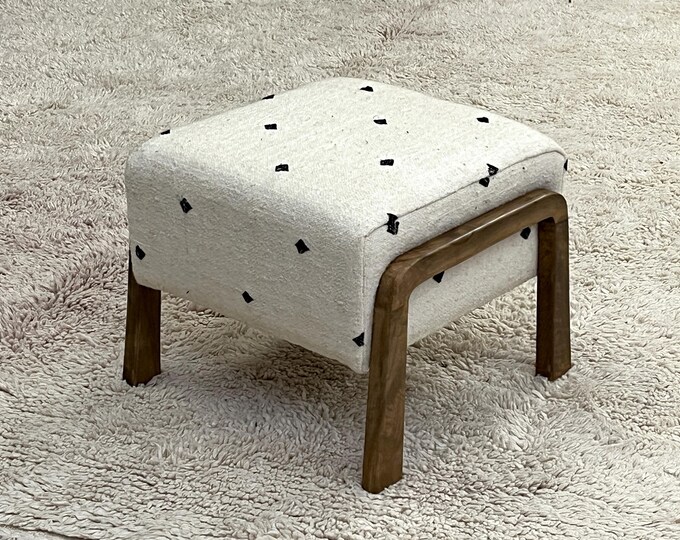 Moroccan Ottoman, Handmade Light Fabric with Black Geometric Patterns, Wooden Legs for Cozy Home Decor