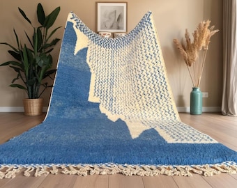 Tapete marroquino azul e bege – Tapete Beni Ourain de lã tecida à mão – Tapete berbere geométrico moderno – Decoração tribal boho – Frete grátis