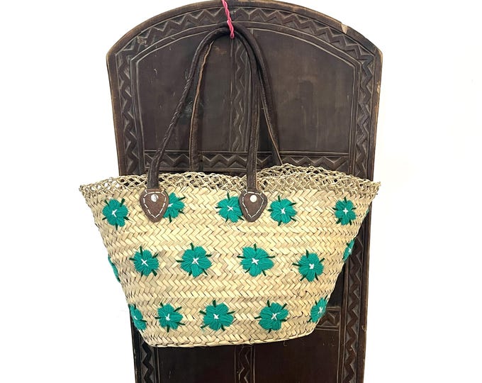 straw bag Handmade French Basket Moroccan Basket french market basket, Beach Bag, Natural Basket long Flat Leather Handle