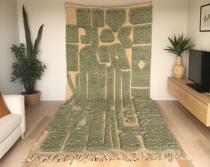 Sage Green Moroccan Wool Rug – Abstract Handwoven Berber Carpet – High Pile Geometric Artisan Rug – Modern Boho Neutral Floor Decor