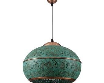 Grüne, patinierte Kupferkuppel-Pendelleuchte – perforierte marokkanische Lampe – handgefertigte, patinierte Hängeleuchte – moderne Landhausbeleuchtung
