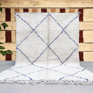 Authentic Beni Ourain Berber Rug, 189x283 cm (6.2x9.3 feet), Blue and White, Geometric, Natural Wool, Modern, Bohemian