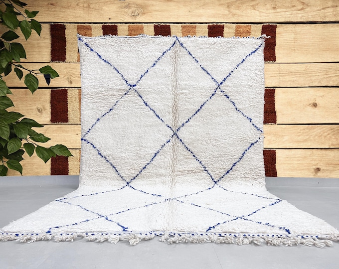 Authentic Beni Ourain Berber Rug, 189x283 cm (6.2x9.3 feet), Blue and White, Geometric, Natural Wool, Modern, Bohemian