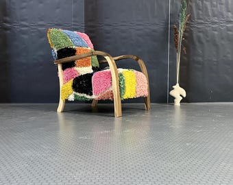 Colorful Patchwork Armchair with Wooden Frame | Boho Decor, Modern Accent Piece, Unique Design, Vibrant Furniture