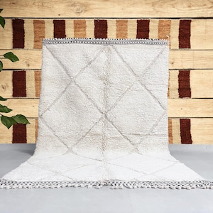 Authentic Beni Ourain Berber Rug, 189x283 cm (6.2x9.3 feet), Blue and White, Geometric, Natural Wool, Modern, Bohemian