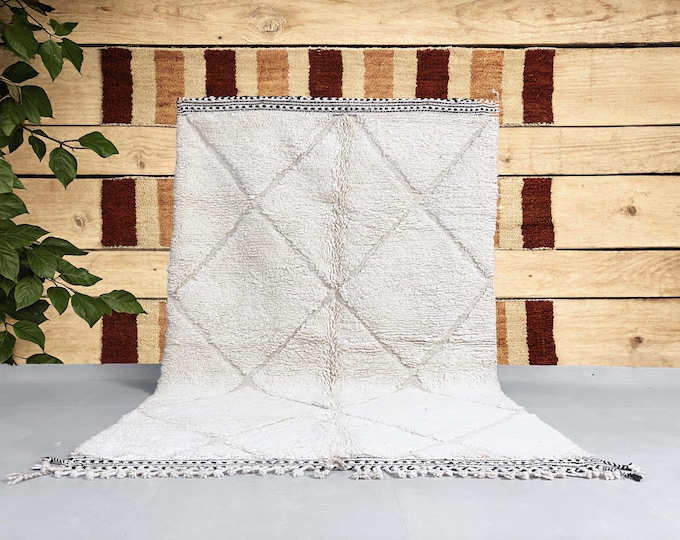 Authentic Beni Ourain Berber Rug, 189x283 cm (6.2x9.3 feet), Blue and White, Geometric, Natural Wool, Modern, Bohemian