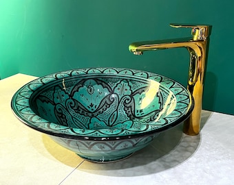 Bathroom vessel sink, Ceramic washbasin hand painted, Built with mid-century modern styling, vessel ceramic sink 100% handmade