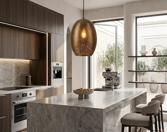 Pendelleuchte aus perforiertem Messing, marokkanische ovale Hängelampe, antikgoldene elliptische Deckenleuchte, Boho-Kücheninselleuchte