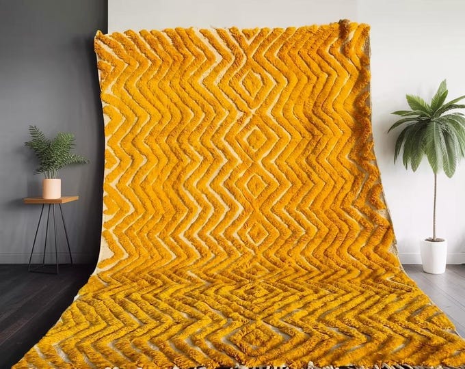 Abstract Yellow Beni Ourain Rug – Handmade Moroccan Wool Berber Carpet – Custom Yellow Rug – Authentic Handwoven Area Rug