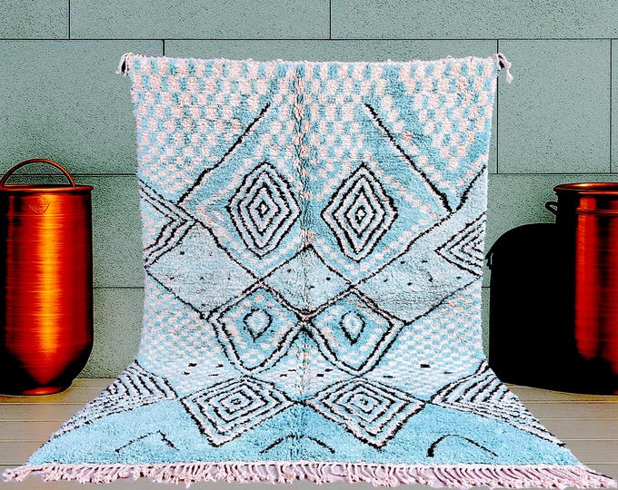 Berber Rug Beni Ourain Blue & White, Geometric Pattern, 211x295 cm (7x9.6 ft), Natural Wool, Boho  Modern Style