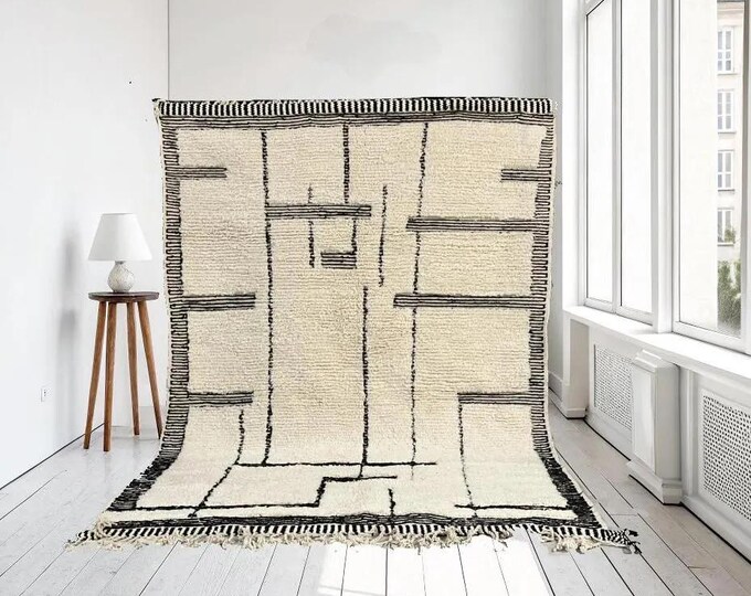 Custom Handmade Moroccan Wool Rug – Beni Ourain Rug with Modern Black Geometric Design