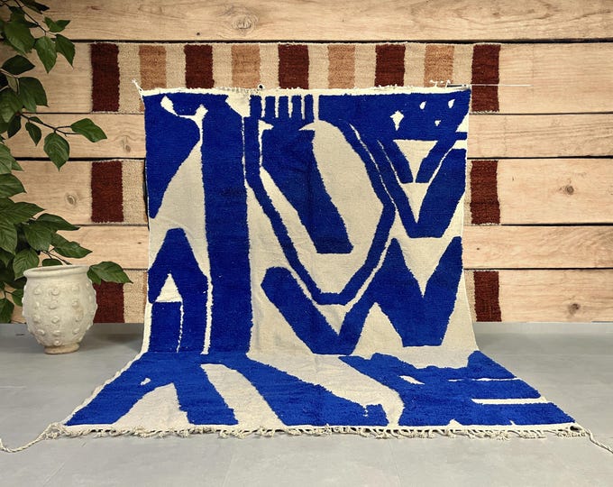 Blue and White Beni Ouarain Rug - Handwoven Wool Berber Carpet - Modern Abstract Design for Living Room - Handmade Moroccan Rug