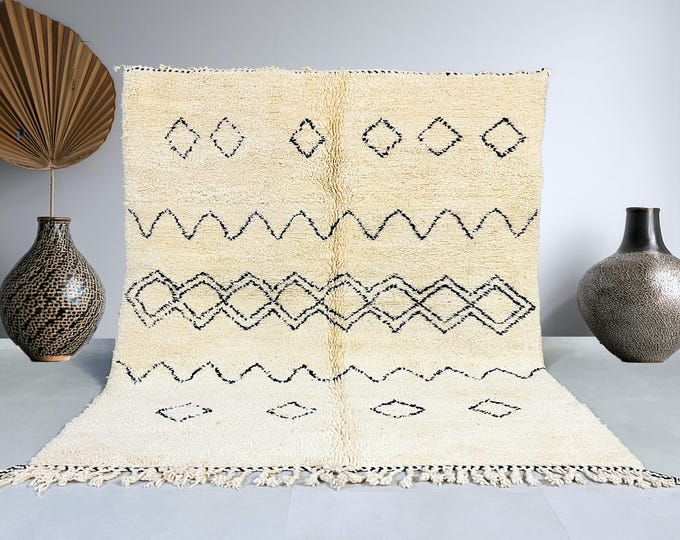 Moroccan Beni Ourain Rug 200x256 cm (6.5x8.4 ft) Handwoven Wool Black White Modern Boho Decor Authentic Berber Carpet