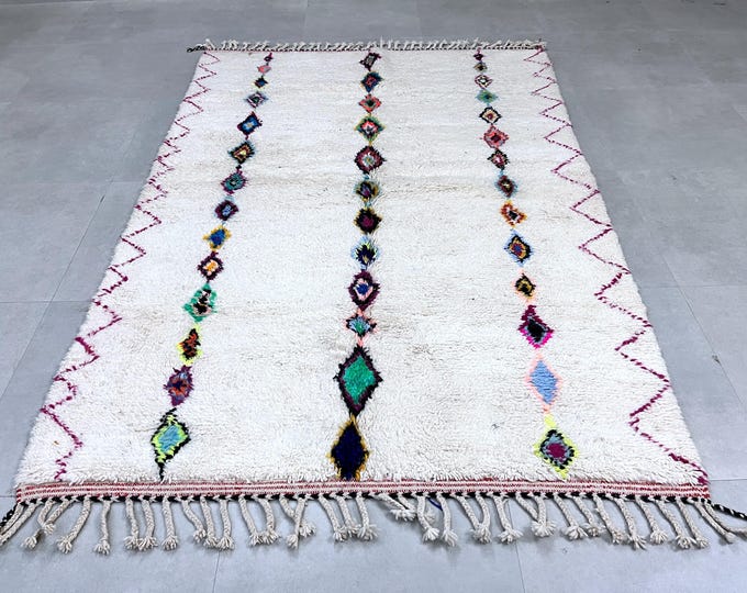 Handmade Beni Ourain Berber Rug, 7.3x10.2ft (222x310cm), Natural Wool, White Geometric Moroccan , Boho, Minimalist, Modern Decor, Tribal Art