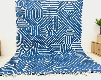 Alfombra marroquí azul brillante – Alfombra Beni Ourain hecha a mano – Alfombra bereber auténtica de lana – Alfombra marroquí grande de lana