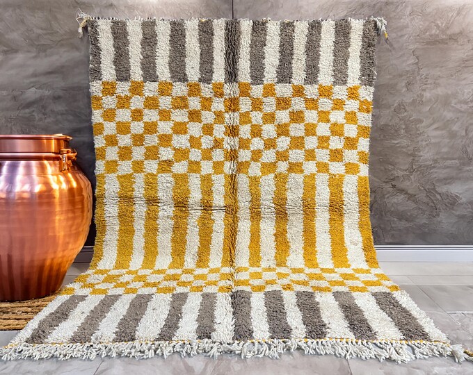 CUSTOM Orange Checkered Beni ourain rug, Authentic custom Moroccan rug, Berber carpet, Wool rug, Handmade Beni ourain style, Area rug