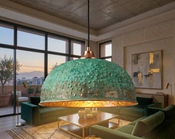 Verdigris Copper Dome Pendant Light: Turquoise Patina, Modern Kitchen Island