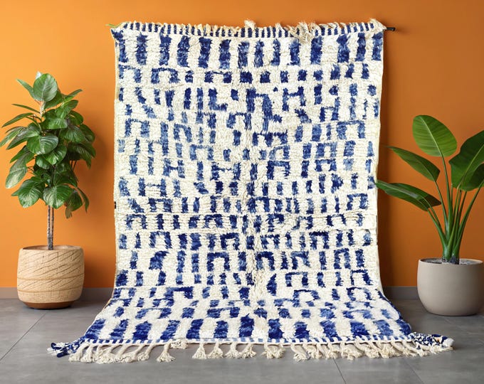 Authentic Moroccan Beni Ourain Rug - White and Blue Squares | Luxurious Wool Rug with Fringes | Handmade by Berber Artisans