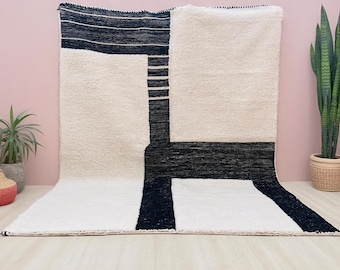 Tapete Marroquino Minimalista – Tapete de Lã Moderno Preto e Branco – Tapete Abstrato Beni Ourain Feito à Mão – Tapete de Sala de Estar em Tamanho Personalizado – Tapetes de Lã