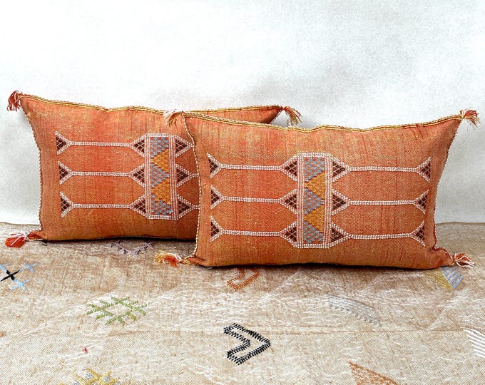 Orange Pillows silk 13x20, Moroccan pillow cover, accent pillows, lumbar pillow cover, meditation pillow, navy lumbar pillow, unique pillows
