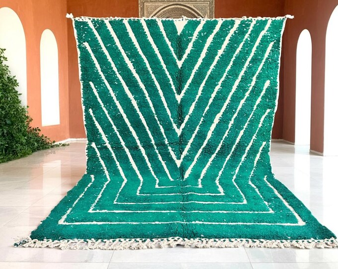 Retro Wool Area Rug in Green & White – Hand Tufted Rectangular Shag Rug – Wool Shag Handcrafted for Bedroom, Living Room - teppich