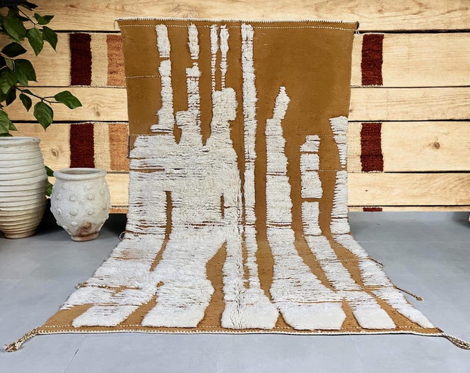 Handwoven Moroccan Wool Rug with Warm Beige and Terracotta Geometric Pattern – Cozy Boho Area Rug, Moroccan rug, Beni Ourain rug