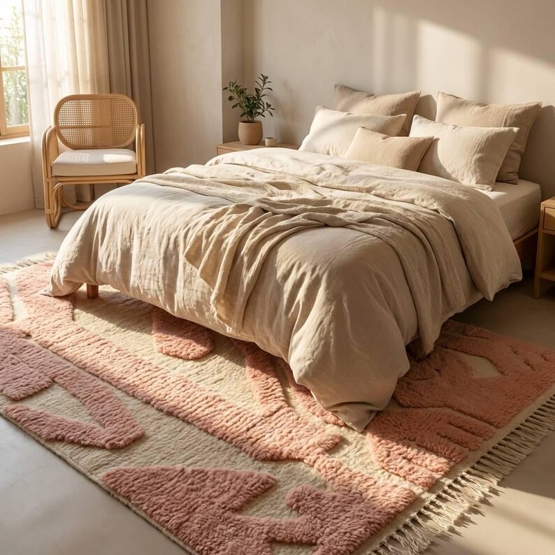 Carved Pink Moroccan Rug, Custom High Pile Wool Carpet, Abstract Geometric Area Rug, Organic Modern Decor, Handmade image 4