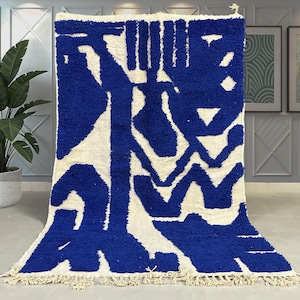Bold Moroccan Wool Rug in Deep Blue and Neutral Tones – Handcrafted Abstract Design, hand made carpet, rug for living room, free shipping