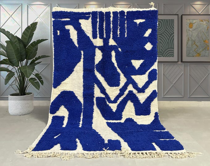 Bold Moroccan Wool Rug in Deep Blue and Neutral Tones – Handcrafted Abstract Design, hand made carpet, rug for living room, free shipping