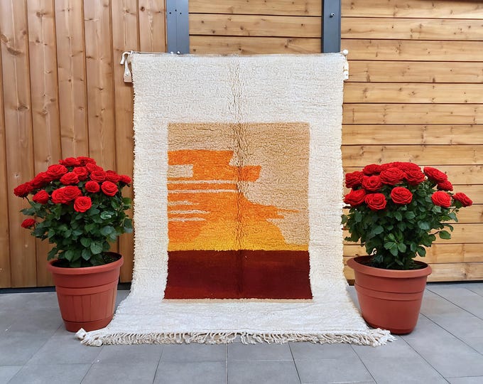 Moroccan rug orange, Abstract rugs for living room, Beni ourain rug, Rugs, Berber rug, Morrocan rug, Hand knotted berber area rugs, wool rug