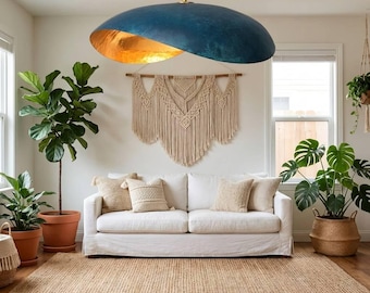 Blue Patina Copper Pendant Light, Horizontal Modern Chandelier, Handmade Luxury Dining Table Ceiling Lamp