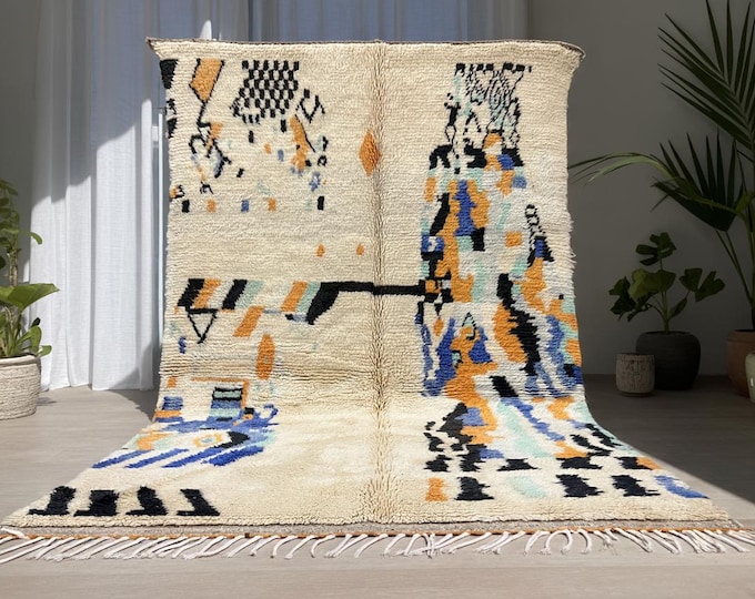 White Mrirt Rug, Handmade Moroccan Carpet, Artistic Tribal Rug, Berber Wool Rug 5x7 ft, Tapis Berbere, bleu Rug, Teppish Marokko