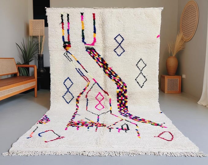 WOOL CARPET, Custom Moroccan Rug, Woven Beni Ourain Rug, White & Yellow Rug, Shaggy Berber Rug, Luxuriously Soft and Resilient Area Rug.