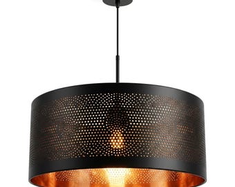 Handmade Moroccan Black Brass Pendant Lamp: Pierced Drum Shade