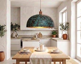 Vintage blue patina copper dome pendant light - oxidized copper pendant light - pure copper ceiling light - modern chandelier