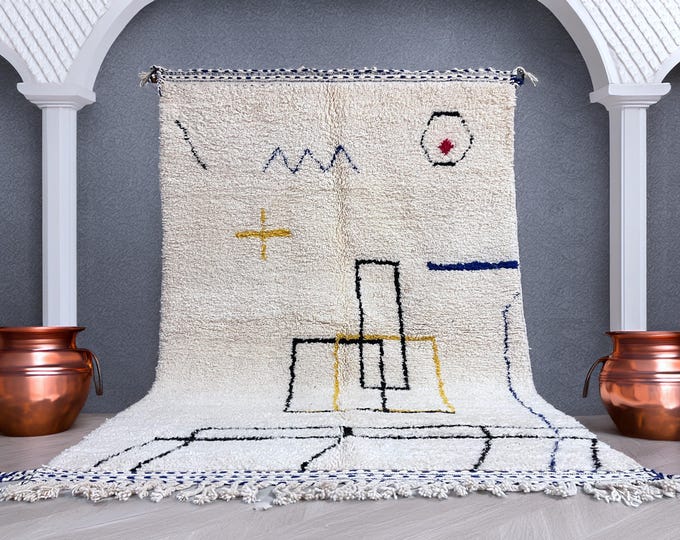 Beni Ourain Rug 196x295 cm (6.4x9.7 ft) – Authentic Moroccan Wool, Geometric, Modern, Minimalist, Handmade