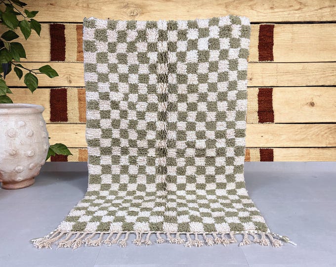 Authentic Beni Ourain Rug - Handmade Wool - Elegant White and Green Design - FREE Shipping Worldwide