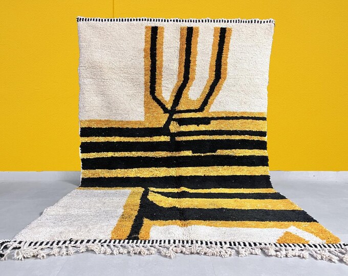 Beni Ourain Rug 196x306 cm (6.43x10.04 ft) - Moroccan Berber Art - Black, White & Yellow Accents - Handwoven Elegance