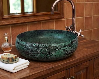 Handmade Oxidized Copper Vessel Sink, Green Patina Bathroom Basin, Rustic Walnut Wood Decor, Round Hand Hammered Copper Sink, Luxury Vanity