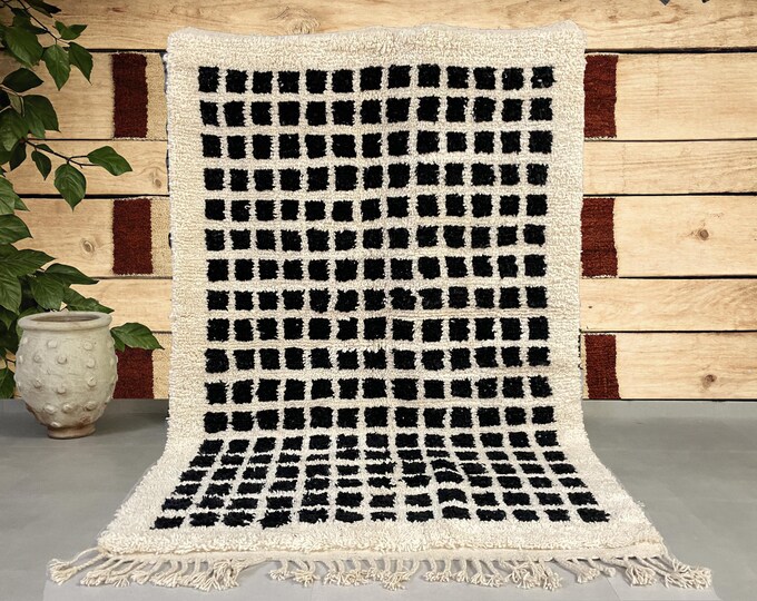 Wool Rug - Black & White Grid Beni Ourain Carpet - all wool berber rug - Custom rug - handmade rug - Genuine lamb wool