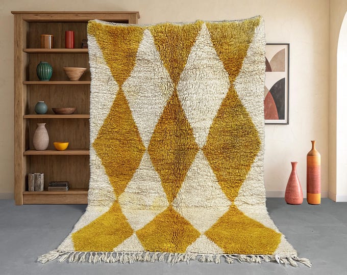 Unique Mrirt Rug - Hand-Knotted Moroccan Wool Rug - Yellow and White Geometric Design - 50% OFF - FREE SHIPPING