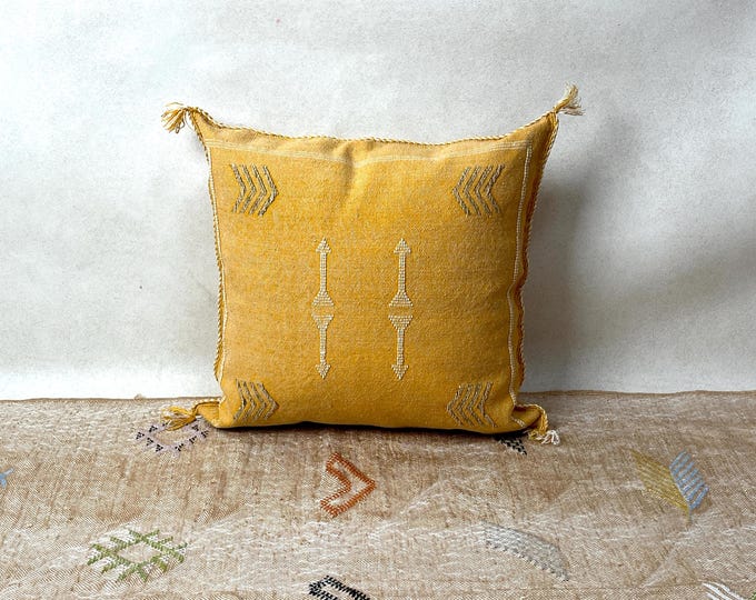 Moroccan Decorative Pillow, Mustard Yellow with Geometric Embroidery and Tassels, Cactus, Perfect for Cozy Home Decor and Sustainable Living