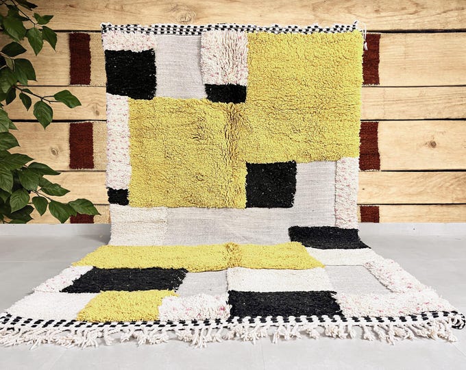 Beni Ourain Rug 196x306 cm (6.43x10.04 ft) - Moroccan Berber Art - Black, White & Yellow Accents - Handwoven Elegance