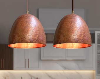 Set of 2 Copper Dome Pendant Lights – Hand Hammered Ceiling Fixtures, Rustic Kitchen Island Lighting
